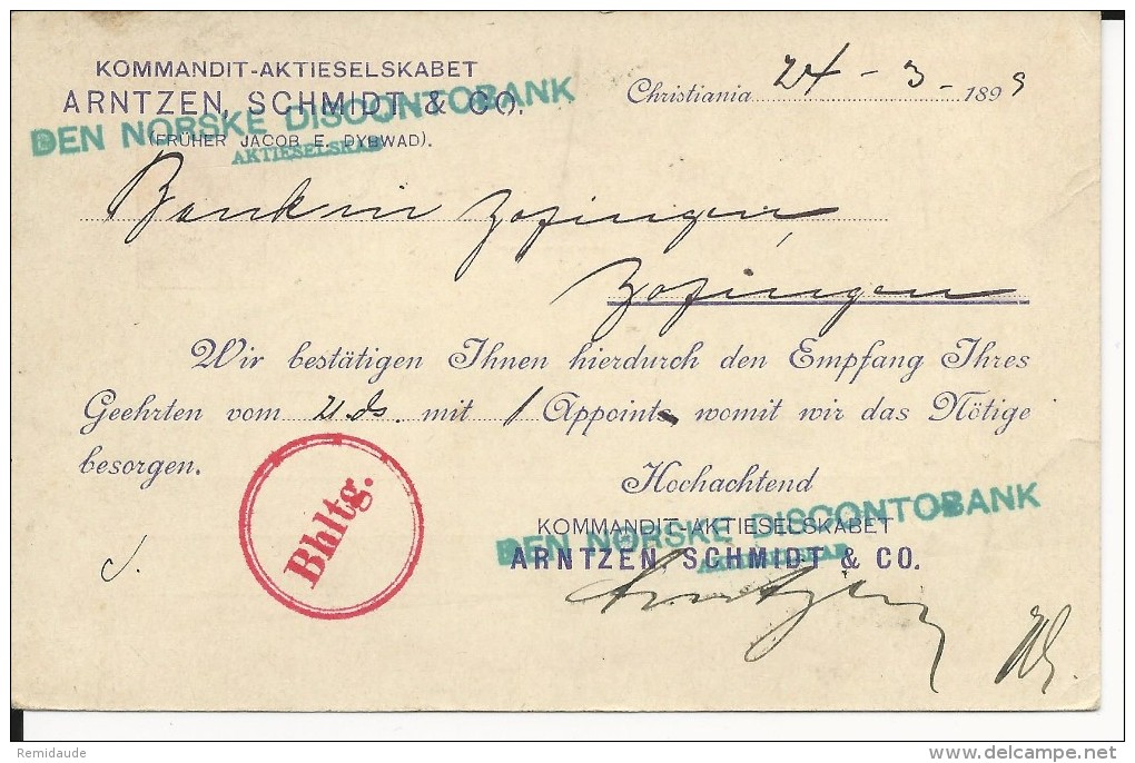 NORVEGE - 1899 - CARTE ENTIER Avec REPIQUAGE PRIVE De KRISTIANIA Pour ZOFINGEN (SUISSE) - Postal Stationery