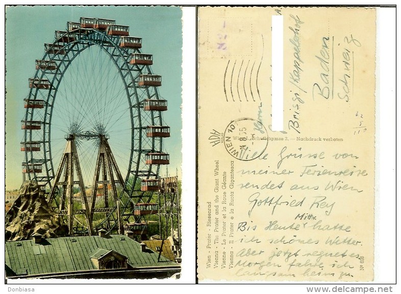 Wien: Prater - Riesenrad. Postcard Cm 9x14 Travelled 24/08/1955 (Panoramic Wheel, Ruota Panoramica, Roue Géante) - Prater