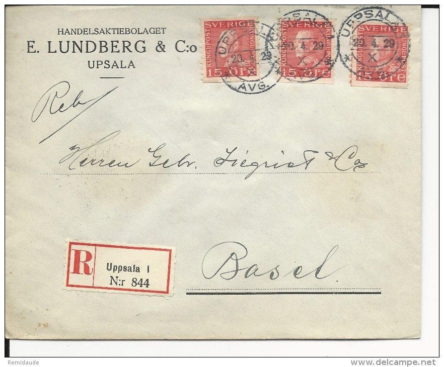 SUEDE - 1929 - ENVELOPPE RECOMMANDEE De UPPSALA Pour BASEL (SUISSE) - Lettres & Documents