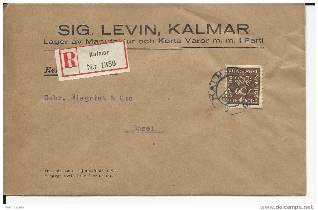 SUEDE - 1929 - ENVELOPPE RECOMMANDEE De KALMAR Pour BASEL (SUISSE) - Lettres & Documents