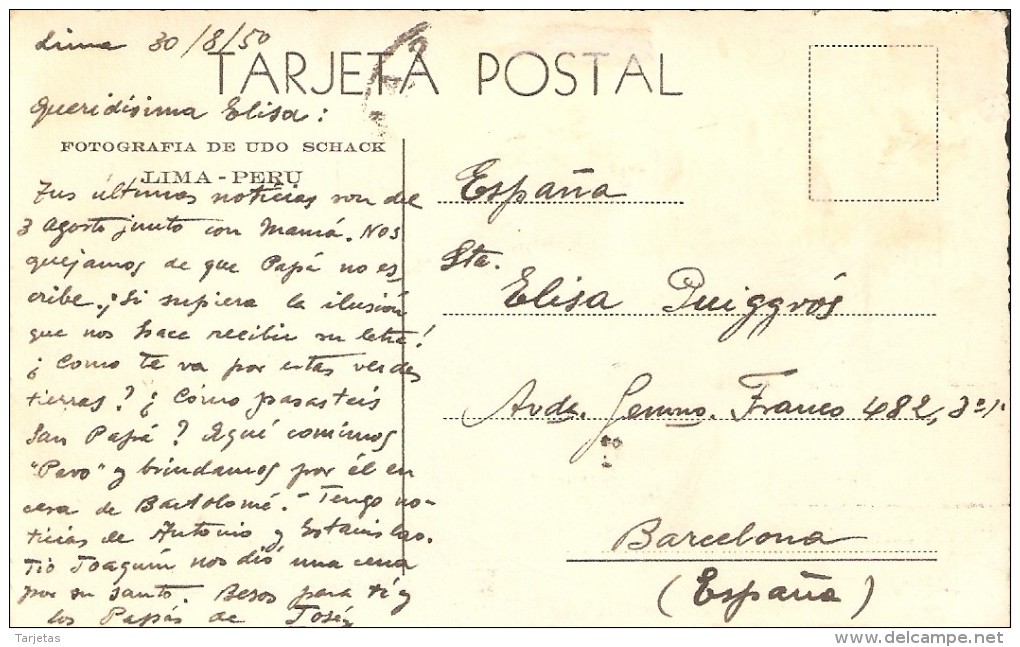 POSTAL DEL GRAN HOTEL BOLIVAR DE LIMA EN PERU DEL AÑO 1950  (UDO SCHACK) - Perú