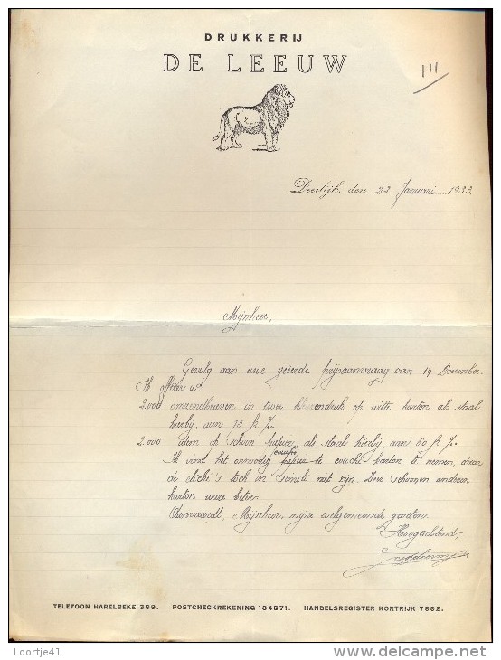Facture Faktuur - Brief Lettre - Drukkerij De Leeuw Deerlijk 1933 - Drukkerij & Papieren