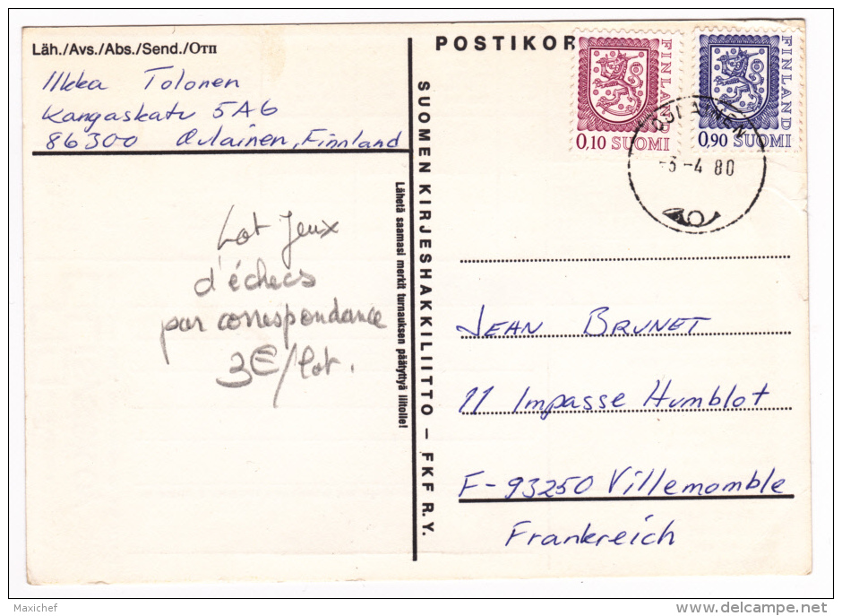 Lot De 2 CP Jeux D'Echecs Par Correspondance, Expédié Une D'Allemagne Et L'autre De Finlande En 1980 Vers France - Echecs