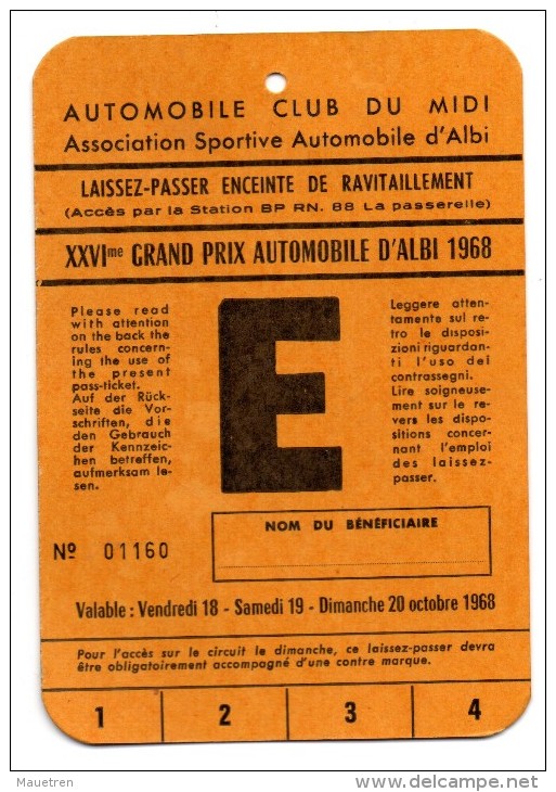 AUTOMOBILE CLUB DU MIDI GRAND PRIX AUTOMOBILE ALBI 1968 LAISSEZ PASSER ENCEINTE DE RAVITAILLEMENT - Automobile - F1