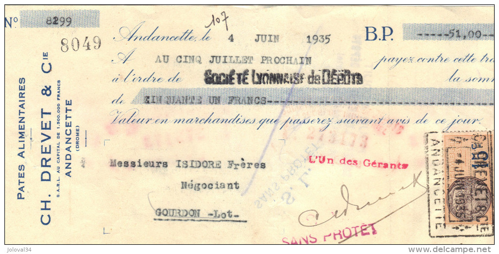 Lettre Change 4/6/1935 DREVET Pates Alimentaires ANDANCETTE Drome  Pour Gourdon Lot Timbre Fiscal - Lettres De Change