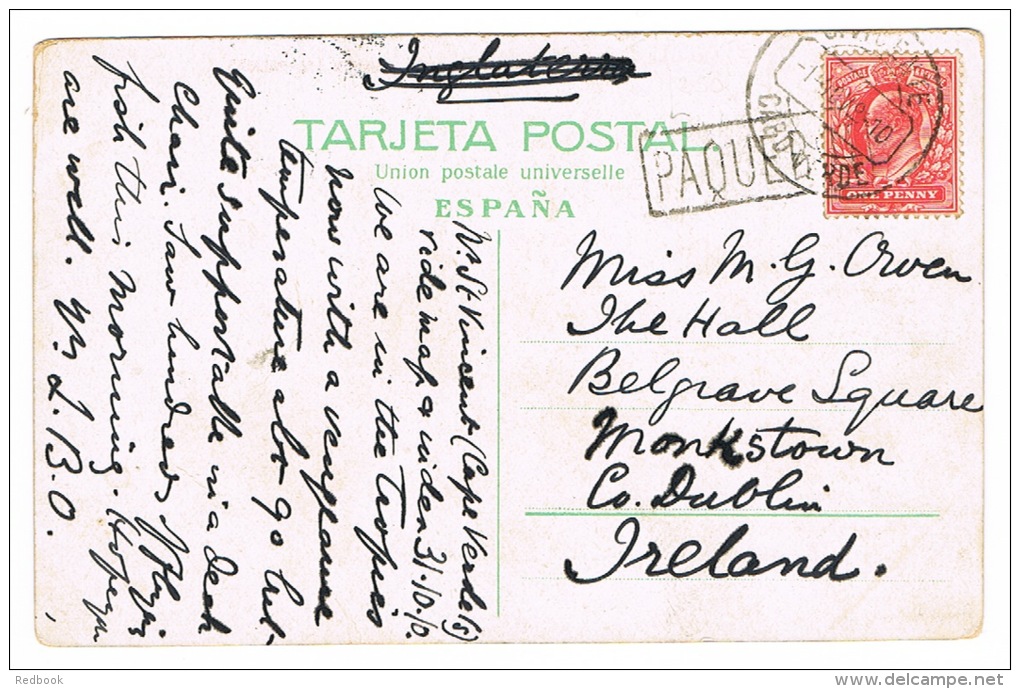 RB 1002 - 1910 Postcard - Camel Train Las Palmas Gran Canaria Spain - Cape Verde Paquebot On GB Stamp To Ireland - Cap Vert