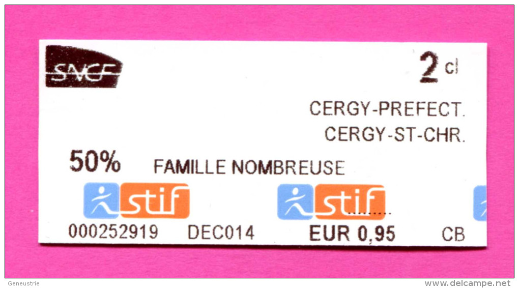 Ticket De Train / Métro - RATP / SNCF (50% FAMILLE NOMBREUSE - Cergy-Pontoise)  Paris Train Ticket Transportation - Europe