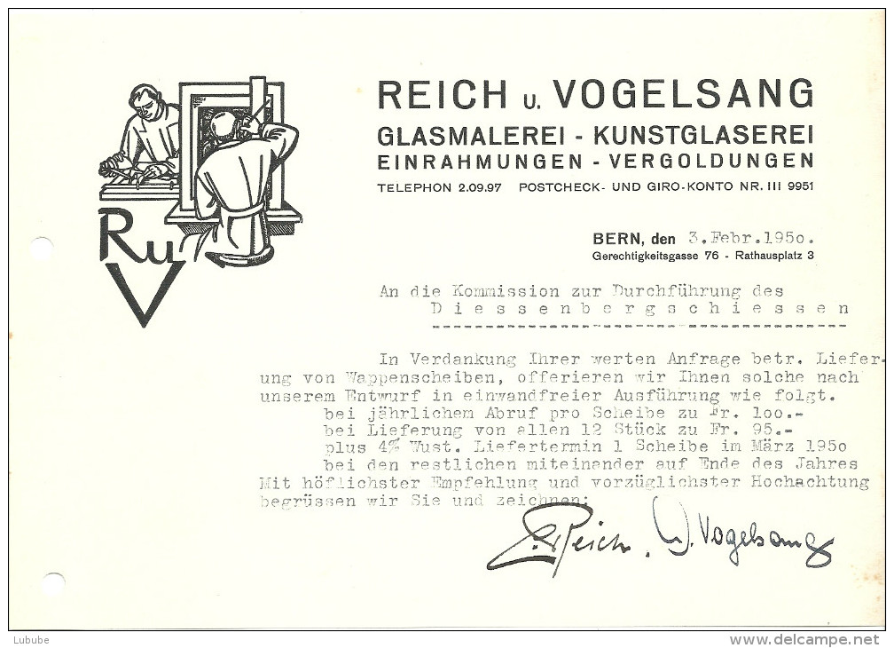 Briefkopf  "Reich Und Vogelsang, Glasmalerei, Kunstglaserei, Bern"            1950 - Sonstige & Ohne Zuordnung