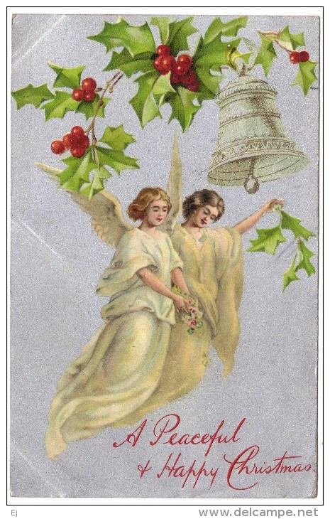 A Peaceful & Happy Christmas - Bell, Holly And Angel On A Silver Background By Wildt & Kray 1907 - Angels