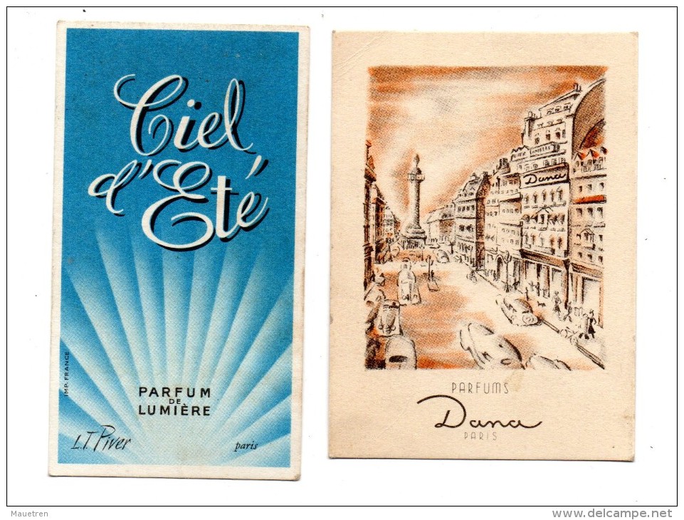 2 CARTES PARFUMEES DANA PARIS CANOE ET CIEL D'ETE PIVER - Antiquariat (bis 1960)