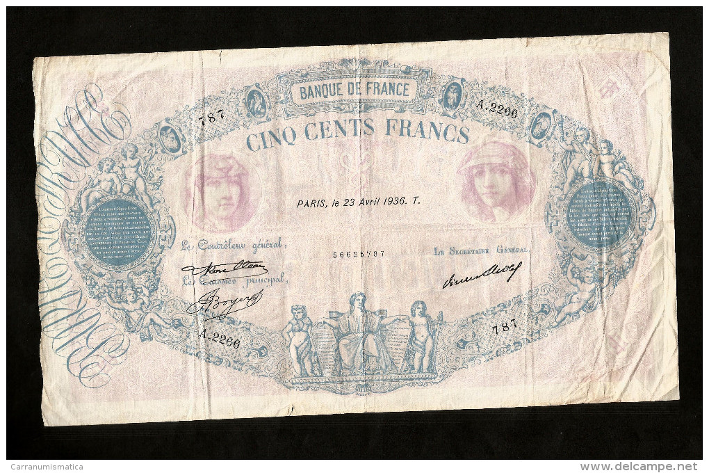 FRANCE - BANQUE De FRANCE - 500 FRANCS "BLEU ET ROSE" (PARIS 23 AVRIL 1936 T) - 500 F 1888-1940 ''Bleu Et Rose''