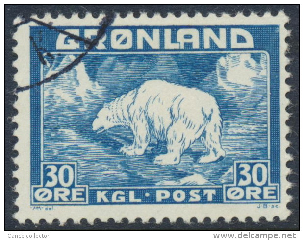 Greenland Groenland Grönland 1938, 30ø Blue Polar Bear, F-VF Used (DCGR-00005) - Usados