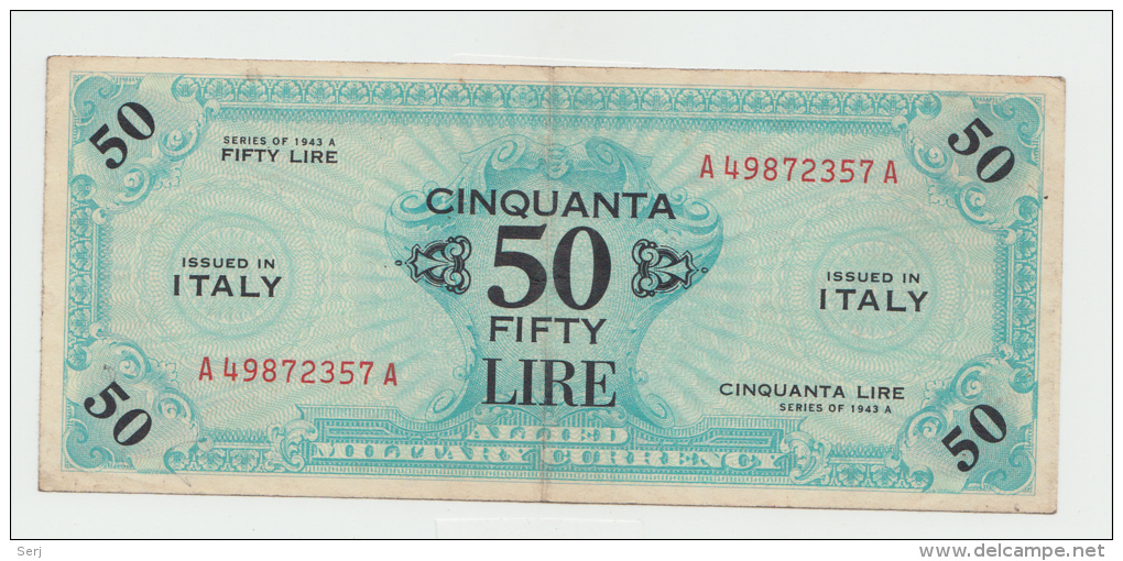 Italy 50 Lire 1943A VF++ CRISP Banknote P M20a M20 A AMC - Occupation Alliés Seconde Guerre Mondiale