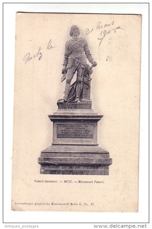 Allemagne 1905 Carte Postale Metz Monument Fabert  Villers Cotterets Aisne Bahnpost - Lettres & Documents