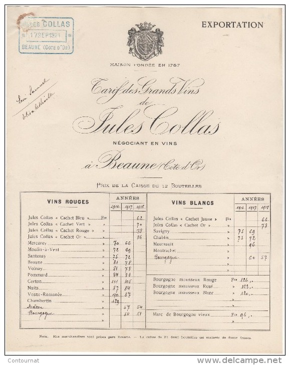 21 BEAUNE FACTURE 1918 TARIF Des GRANDS VINS De JULES COLLAS  - C44 - 1900 – 1949