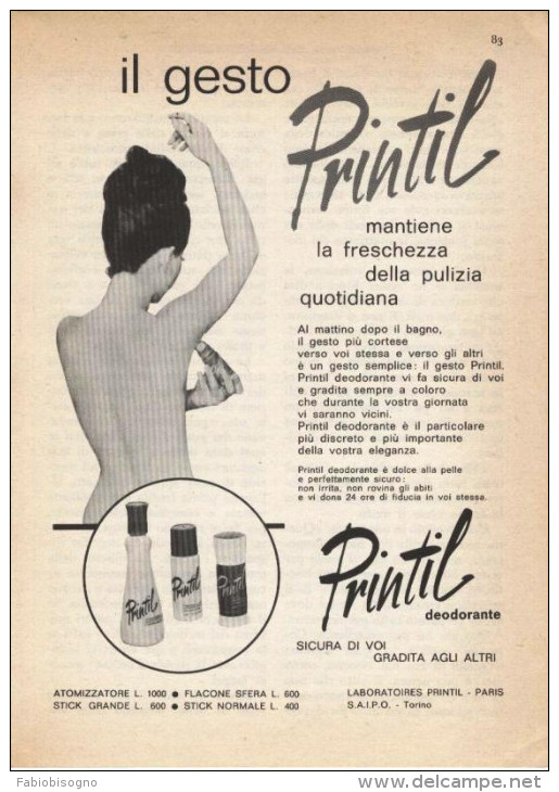 1963  -  PRINTIL Deodorante (laboratoires Paris) - 1 Pagina Pubblicità Cm. 13 X 18 - Magazines