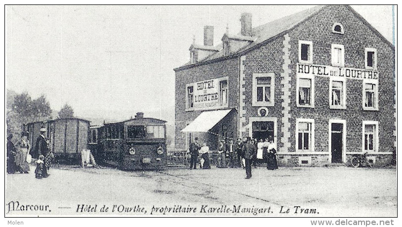 MARCOUR MARCOURT TRAMWAY VAPEUR RENDEUX SOUVENIR DE BELGIQUE TRAM GAUFFRE TIMBRE ZEGEL HOTEL OURTHE STATION GARE Q67 - Tramways