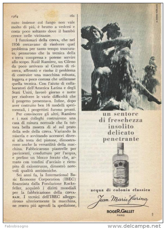 1964  - Acqua Di Colonia Jean Marie Farina (ROGER E GALLET)  -  3  P.  Pubblicità Cm. 13,5 X 18,5 - Tijdschriften
