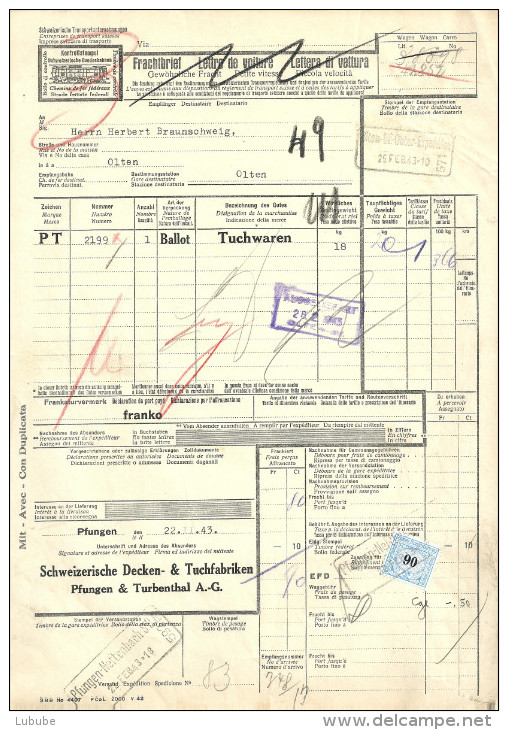 Frachtbrief  "Schweiz. Decken- & Tuchfabriken, Pfungen & Turbenthal" - Olten               1943 - Chemins De Fer