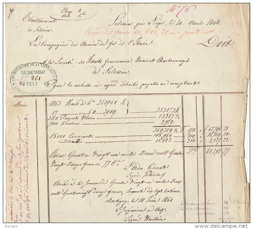 1860 Courrier Train Compagnie Chemin De Fer D'italie à Hauts Fourneaux Usines Charbonnages De Sclessin - Documents Historiques