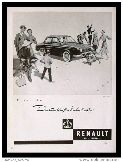 Pub Papier 1956 Automobiles Voiture RENAULT Dauphine Automobile Dessin Gendarme Peintre Femme Chien - Publicités