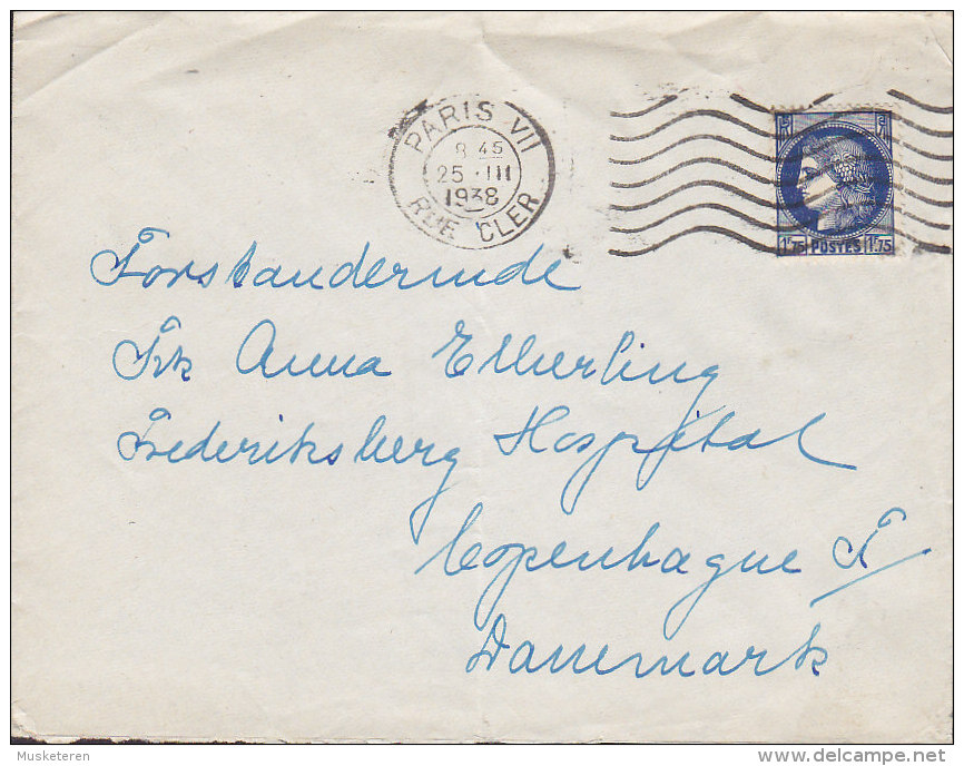 France PARIS Rue Cler 1938 Cover Lettre To Denmark 1.75 Fr. Ceres Iris Timbre (Seul) - 1939-44 Iris