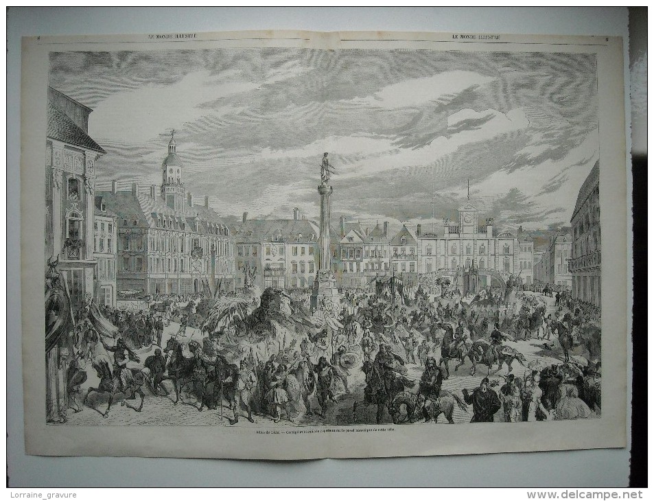 GRAVURE 1858. FETES DE LILLE. CORTEGE ET CAVALCADE REPRESENTANT LE PASSE HISTORIQUE DE CETTE VILLE. EXPLICATIF AU DOS... - Estampes & Gravures