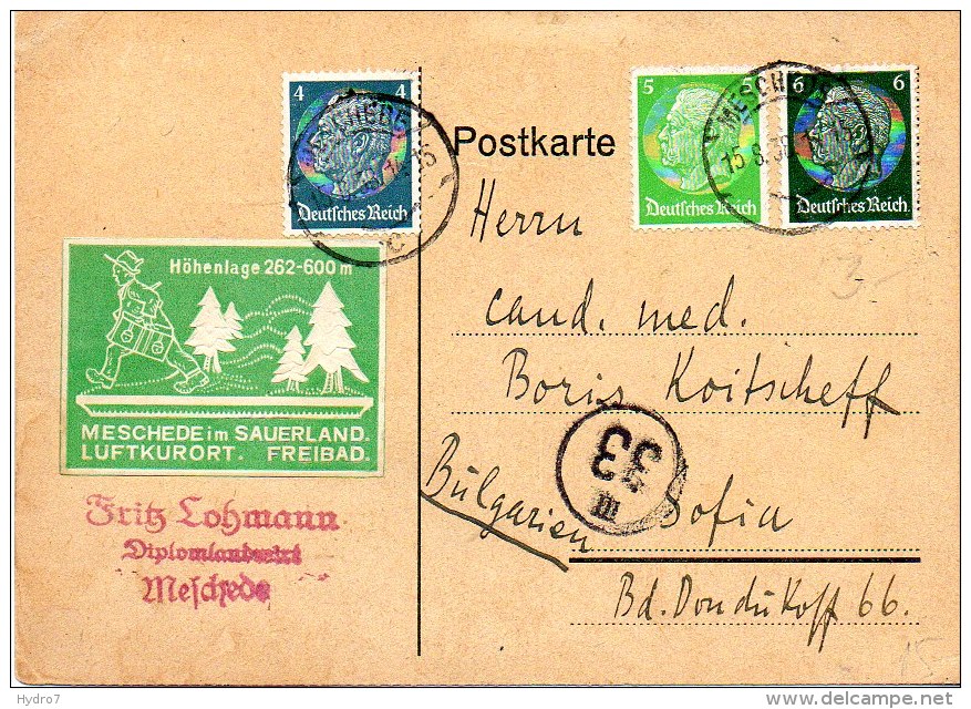 Postkarte 1938 Hindenburg 3+4+6  Pf. Advertising Postcard To Bulgaria DR Germany - Sonstige & Ohne Zuordnung