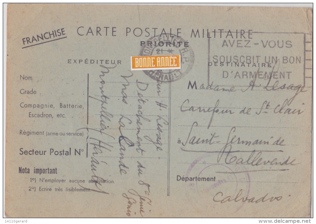 CARTE POSTALE MILITAIRE  POUR MADAME LESAGE Carrefour St Clair St Germain De Tallevende - Weltkrieg 1939-45