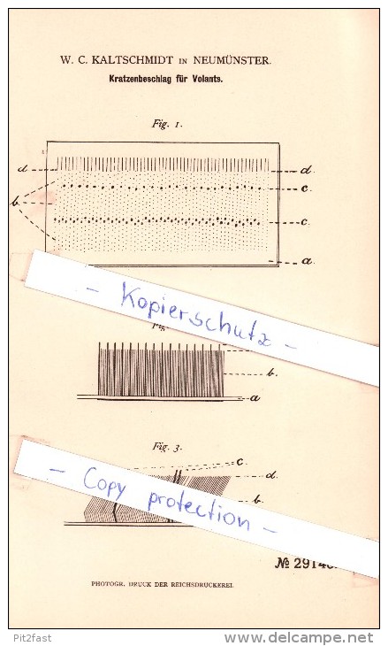 Original Patent   - W. C. Kaltschmidt In Neumünster , 1884 , Kratzenbeschlag Für Volants !!! - Billetes De Lotería