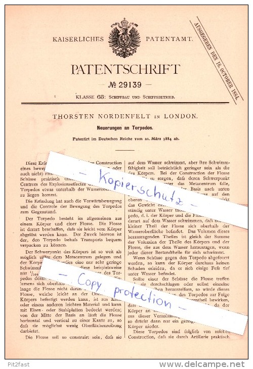 Original Patent - Thorsten Nordenfelt In London , 1884 , Innovations In Torpedoes , Torpedo !!! - Documents