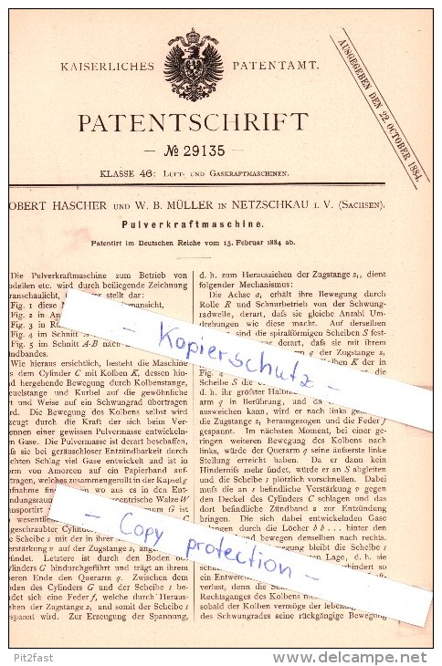 Original Patent   - R. Hascher Und W. B. Müller In Netzschkau I. V. , Sachsen , 1884 , Pulverkraftmaschine !!! - Lotterielose