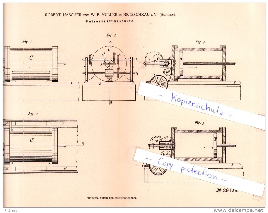 Original Patent   - R. Hascher Und W. B. Müller In Netzschkau I. V. , Sachsen , 1884 , Pulverkraftmaschine !!! - Lottery Tickets