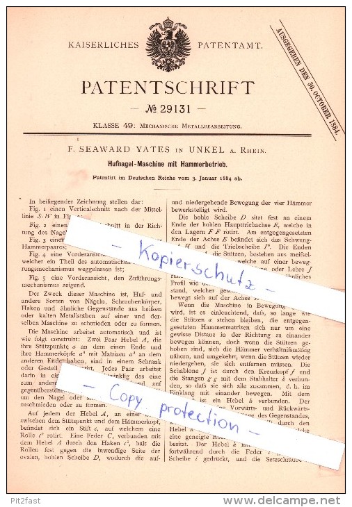 Original Patent   - F. Seaward Yates In Unkel A. Rhein , 1884 , Hufnagel-Maschine  !!! - Lotterielose