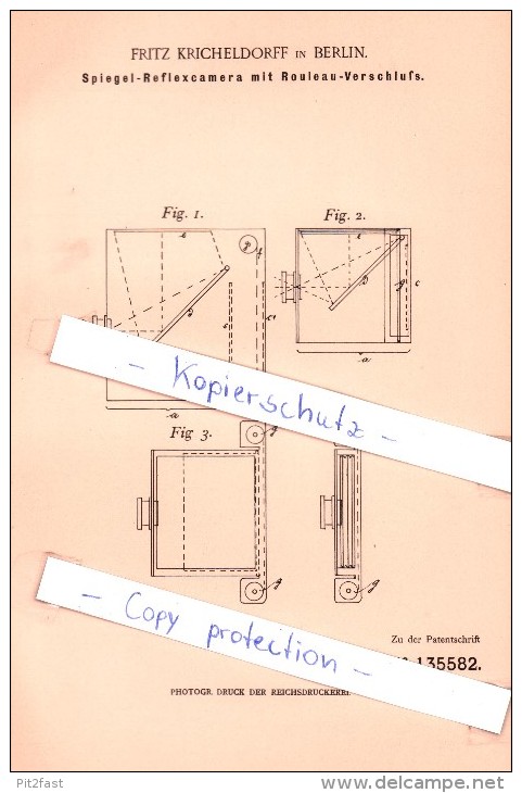 Original Patent   - F. Kricheldorff In Berlin , 1901 , Spiegel - Reflexcamera Mit Rouleau - Verschluß !!! - Fotoapparate