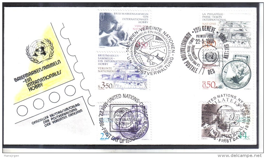 FCD686  FDC UNO WIEN 1986  MICHL 60/61 UNO GENF 143/44 UNO NEW YORK  495/96 - FDC