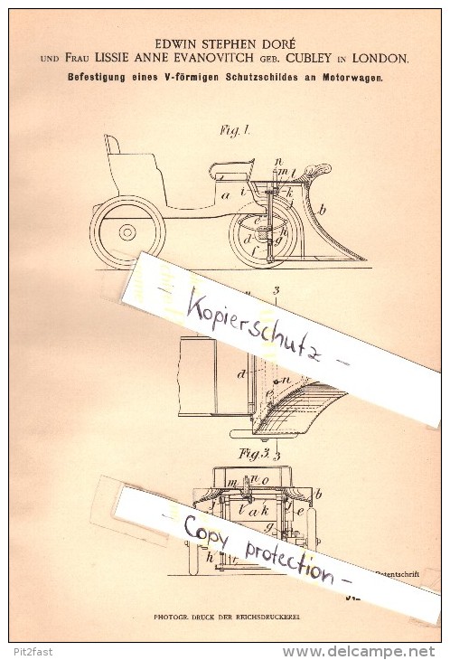 Original Patent - E.S. Doré And L. Evanovitch , Cubley In London , 1901 , Shield For Motor Vehicles , Automobile !!! - Cars