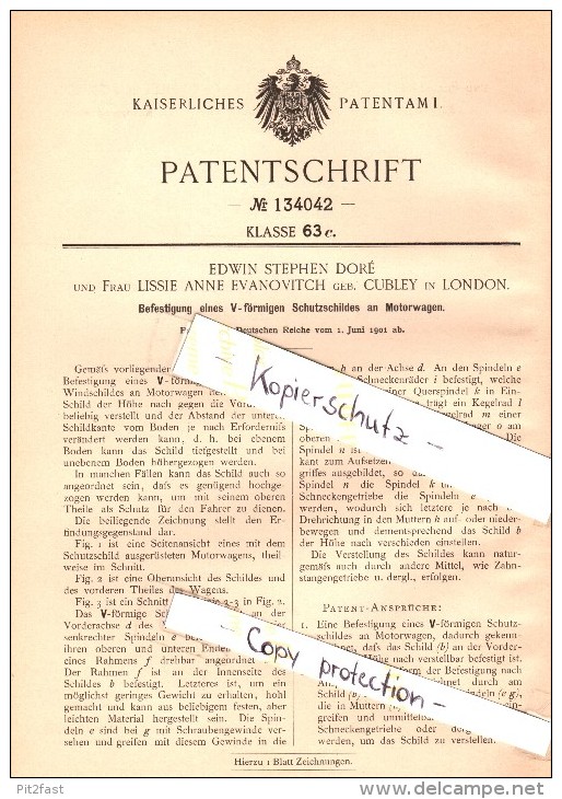 Original Patent - E.S. Doré And L. Evanovitch , Cubley In London , 1901 , Shield For Motor Vehicles , Automobile !!! - Coches