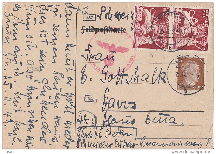 DR Karte Mif Minr.782,2x 816 Stettin 25.11.42 Gel. In Schweiz Zensur - Briefe U. Dokumente