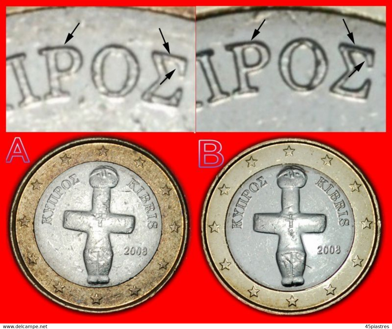 * TWO VARIETIES FINLAND ★ CYPRUS ★ 1 EURO 2008! UNCOMMON 2 COINS! LOW START &#9733; NO RESERVE! - Chypre