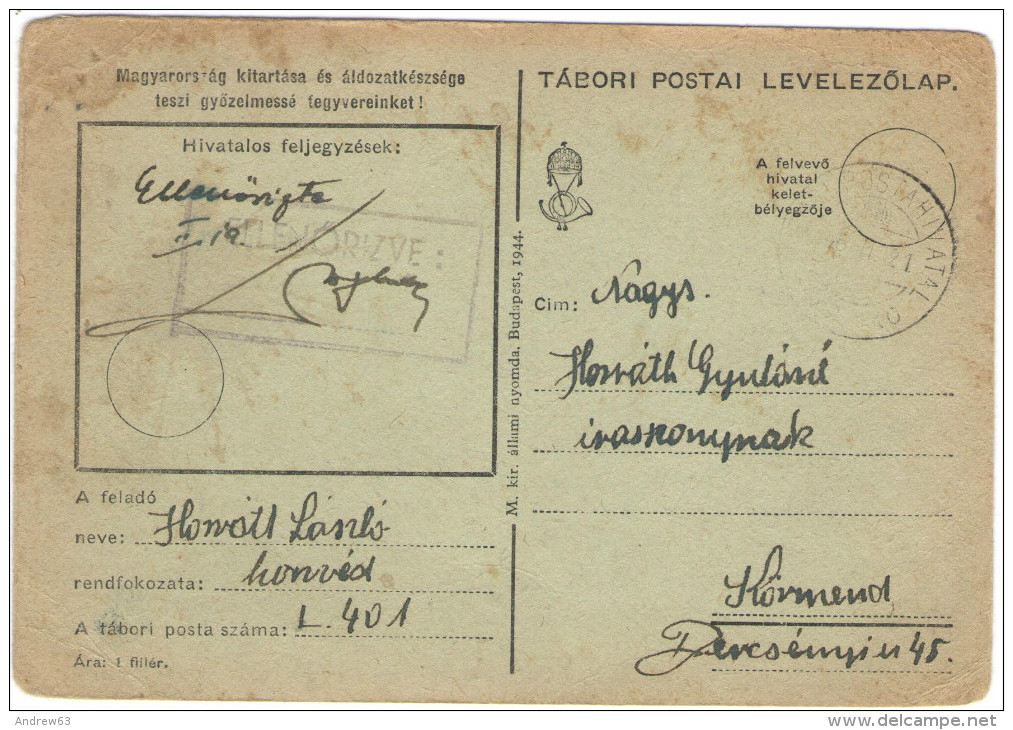 UNGHERIA - Hungary - Magyar - Ungarn - Postkarte - Postal Card - Entier Postal - Tabori Postai Levelezolap - Camp L/401 - Franquicia