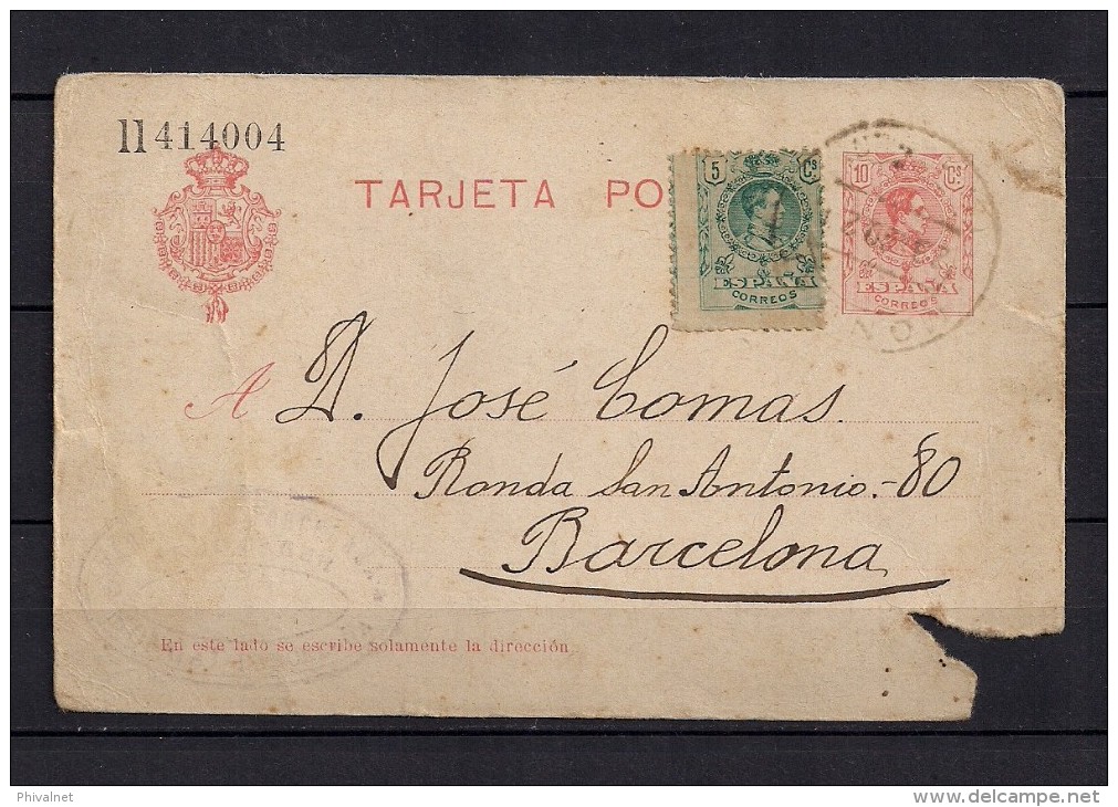 1921, ENTERO POSTAL Nº 49, CIRCULADO A BARCELONA, MATASELLOS DE MONTGAT, FRANQUEO COMPLEMENTARIO - Cartas & Documentos