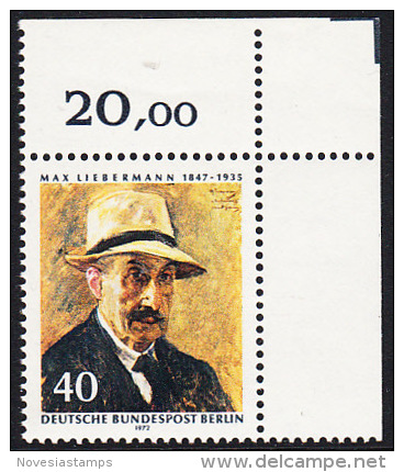 !a! BERLIN 1972 Mi. 434 MNH SINGLE From Upper Right Corner -Max Liebermann, Painter - Unused Stamps