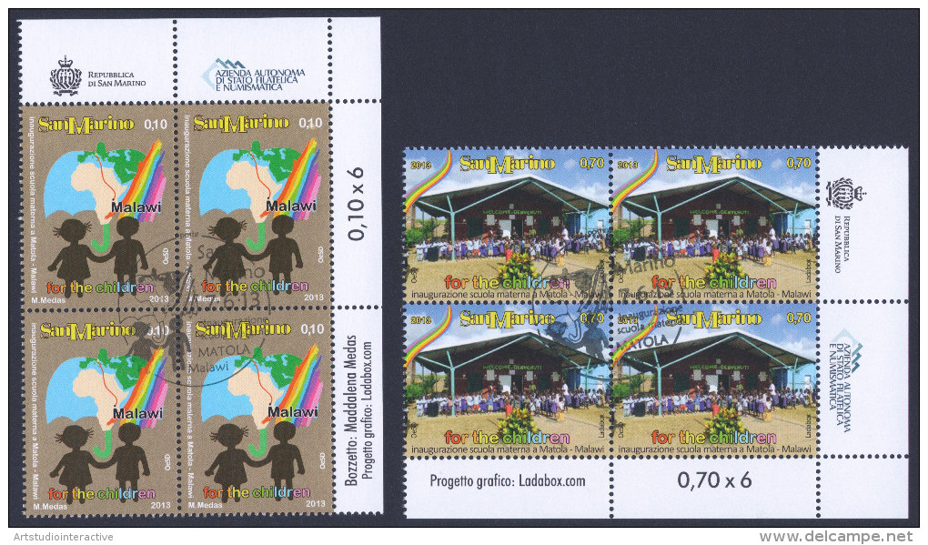 2013 SAN MARINO "INAUGURAZIONE SCUOLA MATERNA IN MALAWI - MATOLA" QUARTINE ANNULLO PRIMO GIORNO - Used Stamps
