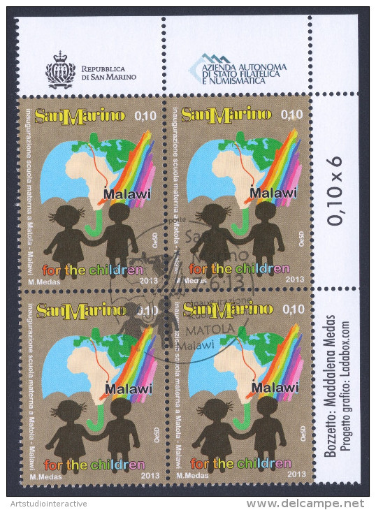 2013 SAN MARINO "INAUGURAZIONE SCUOLA MATERNA IN MALAWI - MATOLA" QUARTINE ANNULLO PRIMO GIORNO - Used Stamps