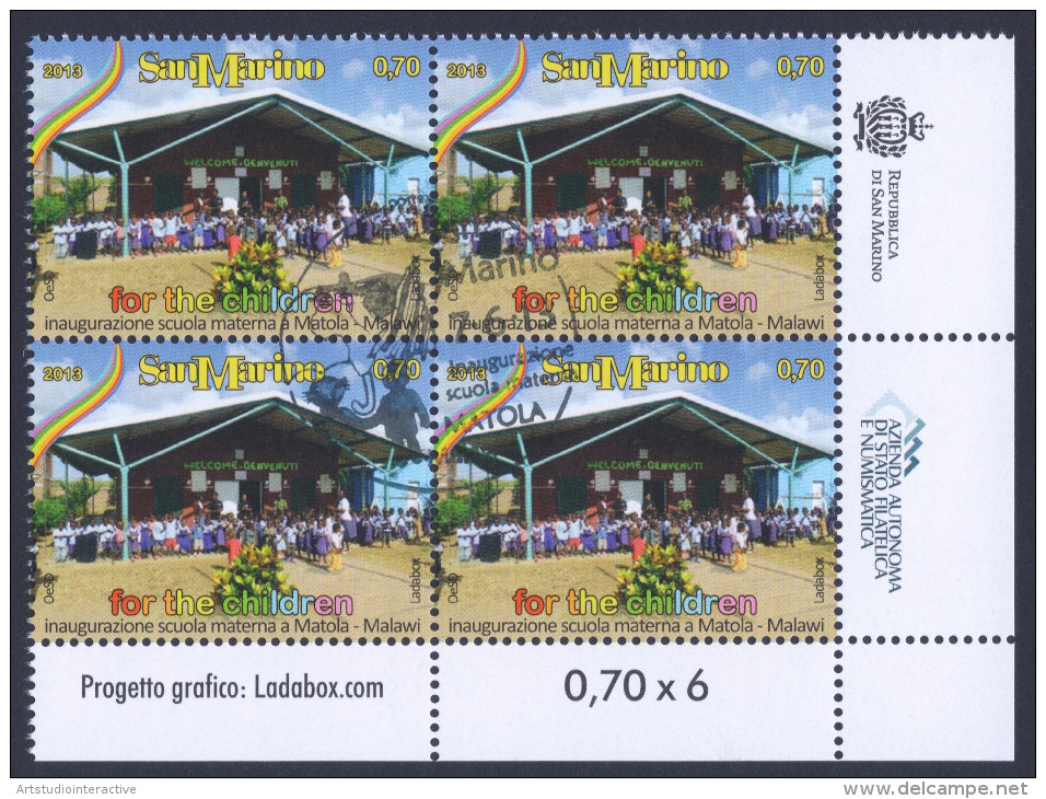 2013 SAN MARINO "INAUGURAZIONE SCUOLA MATERNA IN MALAWI - MATOLA" QUARTINE ANNULLO PRIMO GIORNO - Used Stamps