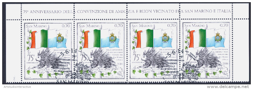 2014 SAN MARINO "EMISSIONE CONGIUNTA ITALIA - SAN MARINO 75 ANN. VICINATO" STRISCIA SUPERIORE ANNULLO PRIMO GIORNO - Used Stamps