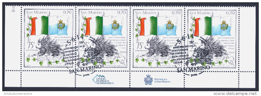 2014 SAN MARINO "EMISSIONE CONGIUNTA ITALIA - SAN MARINO 75 ANN. VICINATO" STRISCIA INFERIORE ANNULLO PRIMO GIORNO - Used Stamps