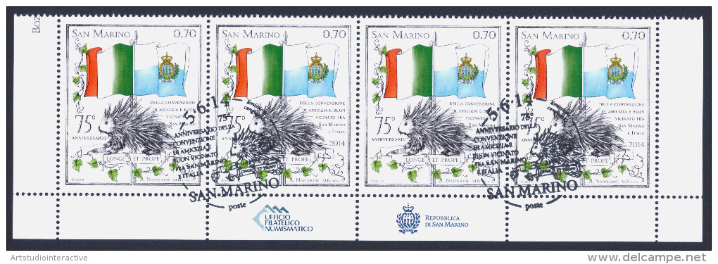 2014 SAN MARINO "EMISSIONE CONGIUNTA ITALIA - SAN MARINO 75 ANN. VICINATO" STRISCIA INFERIORE ANNULLO PRIMO GIORNO - Usados