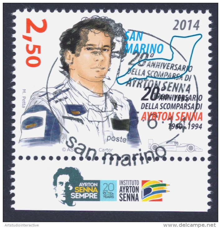 2014 SAN MARINO "20° ANNIVERSARIO SCOMPARSA AYRTON SENNA" SINGOLO ANNULLO PRIMO GIORNO - Usati